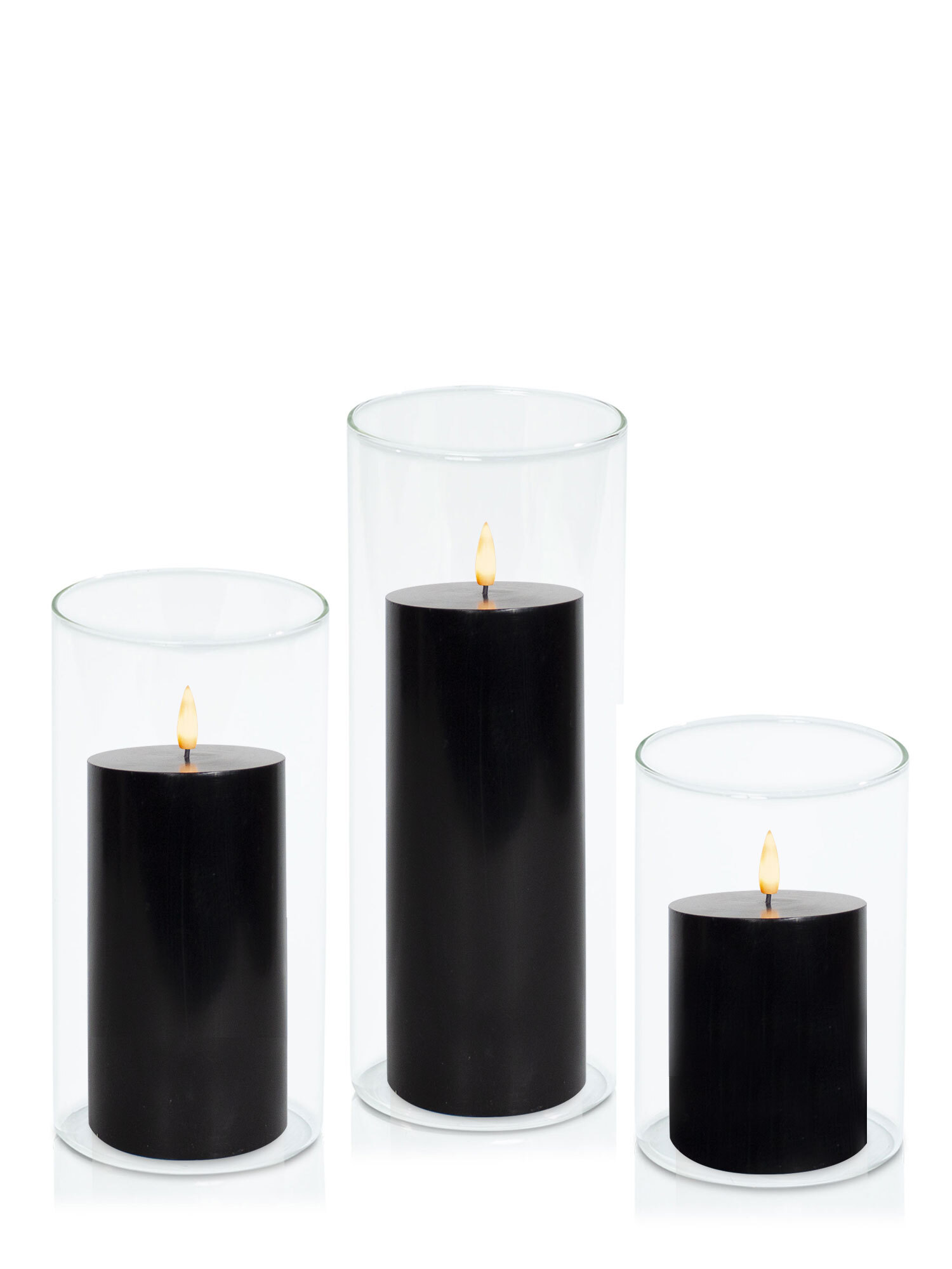 Black 8cm LED Pillar in 10cm Glass Set - Med