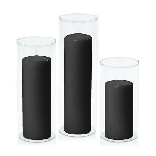 Black 7cm Event Pillar in 10cm Glass Set - Lg