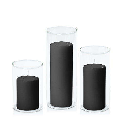 Black 7cm Event Pillar in 10cm Glass Set - Med