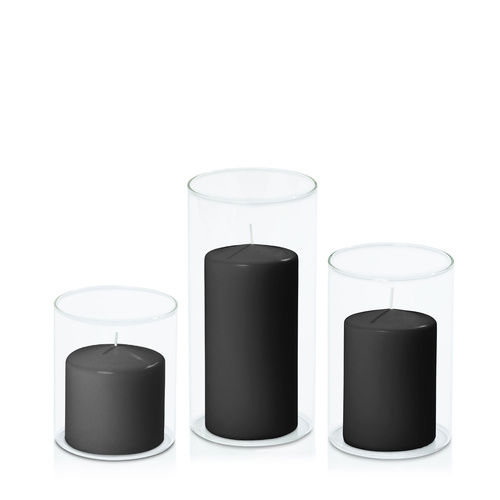 Black 7cm Event Pillar in 10cm Glass Set - Sm