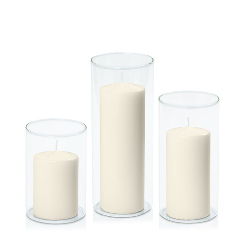 Ivory 7cm Event Pillar in 10cm Glass Set - Med