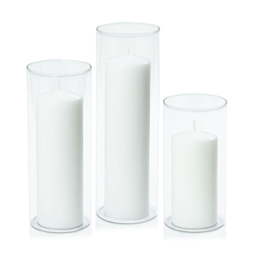 White 7cm Event Pillar in 10cm Glass Set - Lg