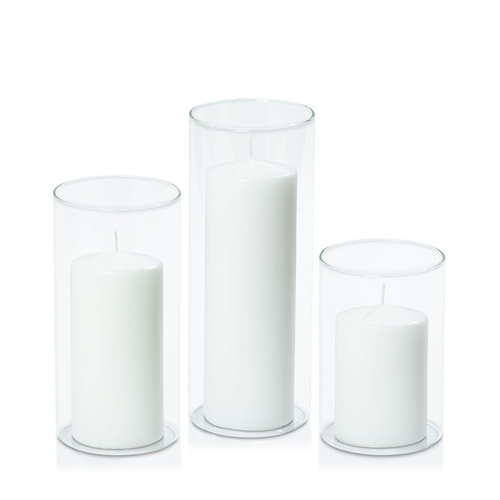 White 7cm Event Pillar in 10cm Glass Set - Med