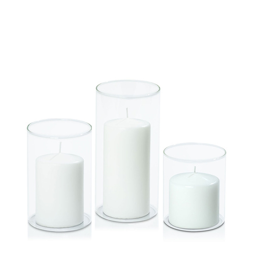 White 7cm Event Pillar in 10cm Glass Set - Sm