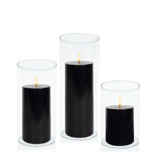 Black 8cm LED Pillar in 10cm Glass, Pack of 6 Med Sets