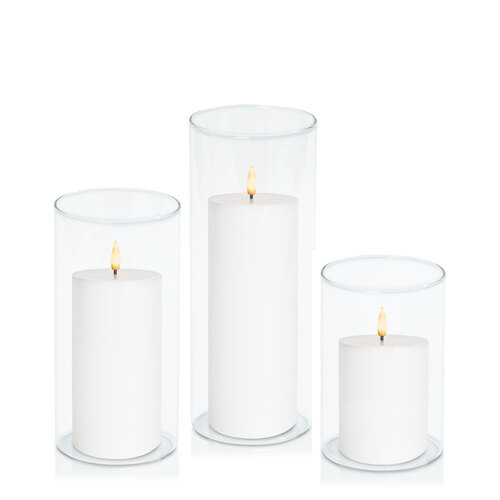 White 8cm LED Pillar in 10cm Glass, Pack of 6 Med Sets