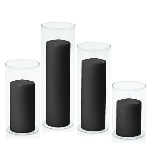 Black 7cm Event Pillar in 10cm Glass Set - Med
