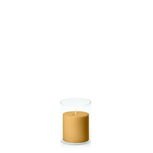 Mustard 7cm x 7cm Pillar in 8cm x 10cm Glass