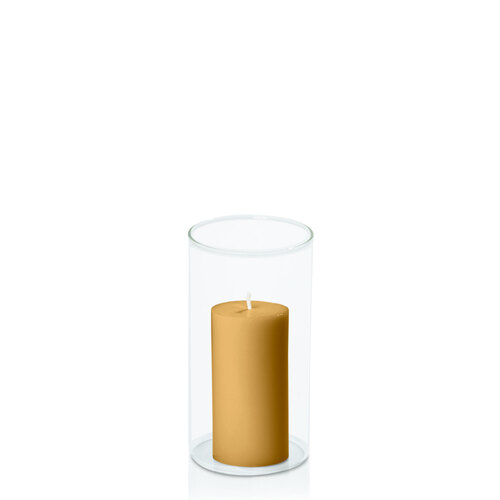 Mustard 5cm x 10cm Pillar in 8cm x 15cm Glass
