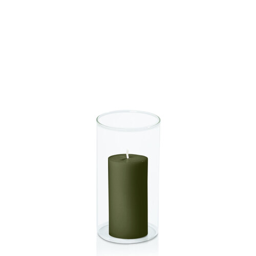 Olive 5cm x 10cm Pillar in 8cm x 15cm Glass