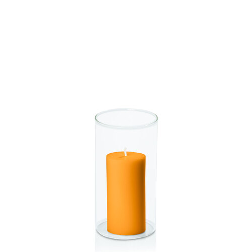 Orange 5cm x 10cm Pillar in 8cm x 15cm Glass