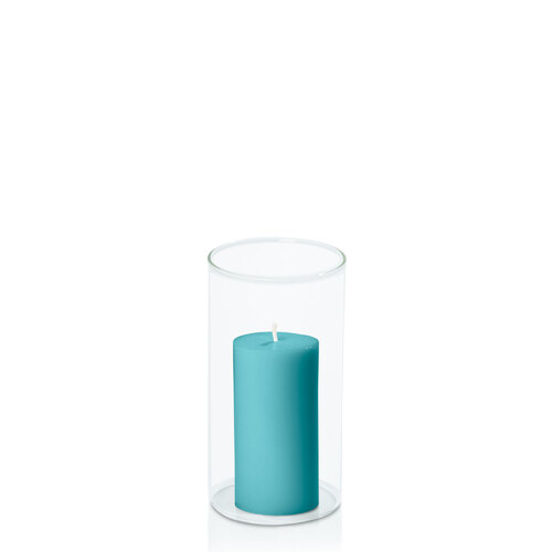 Teal 5cm x 10cm Pillar in 8cm x 15cm Glass