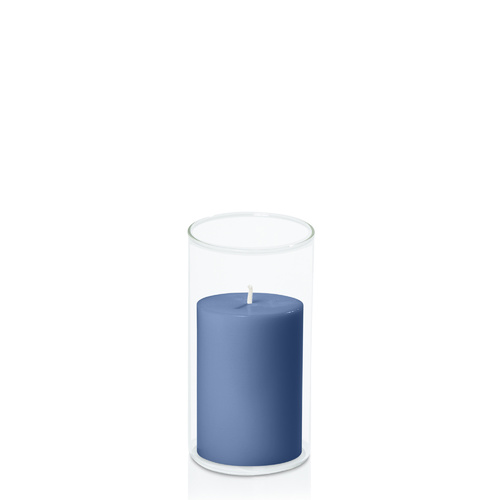 Dusty Blue 7cm x 10cm Pillar in 8cm x 15cm Glass