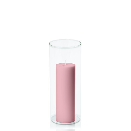 Dusty Pink 5cm x 15cm Pillar in 8cm x 20cm Glass