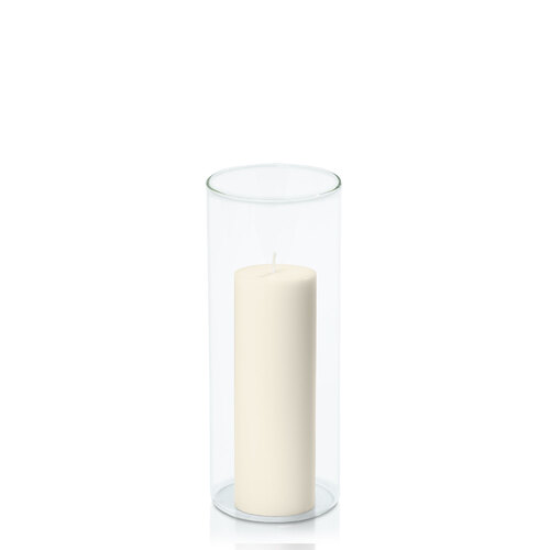 Ivory 5cm x 15cm Pillar in 8cm x 20cm Glass