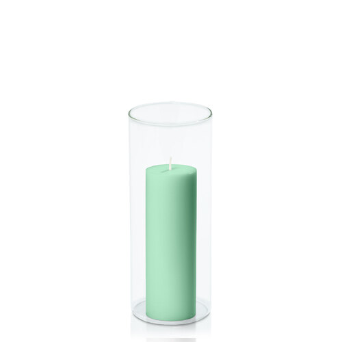 Mint Green 5cm x 15cm Pillar in 8cm x 20cm Glass