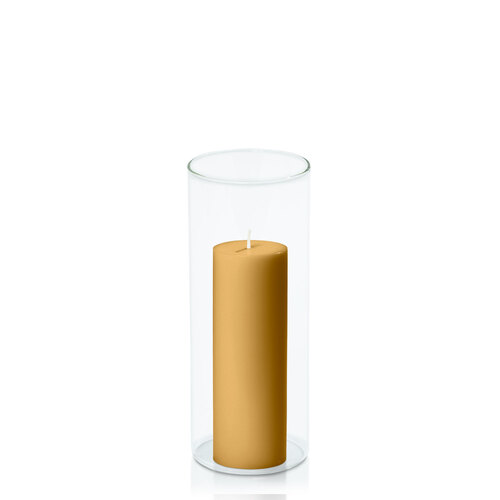 Mustard 5cm x 15cm Pillar in 8cm x 20cm Glass