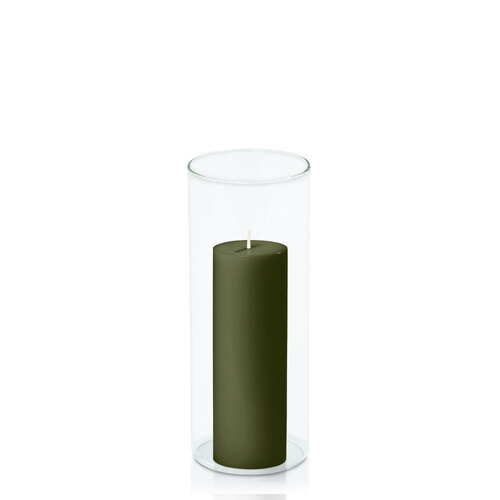 Olive 5cm x 15cm Pillar in 8cm x 20cm Glass