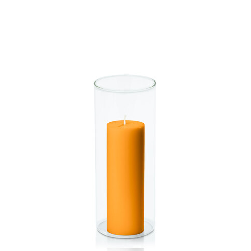 Orange 5cm x 15cm Pillar in 8cm x 20cm Glass