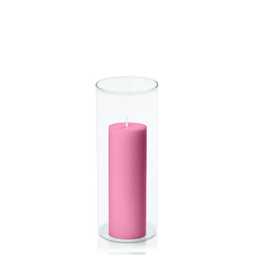 Rose Pink 5cm x 15cm Pillar in 8cm x 20cm Glass