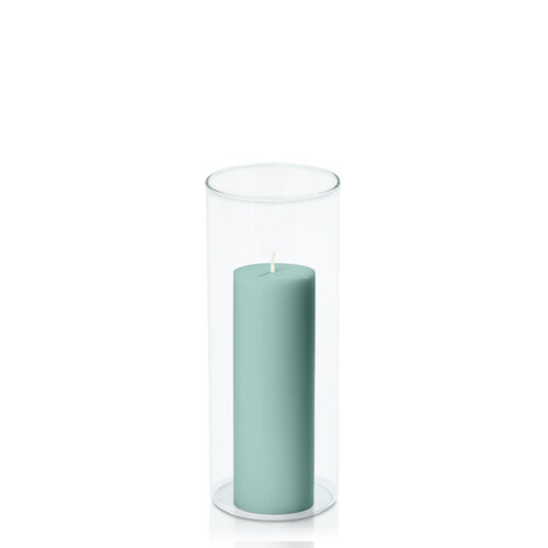 Sage Green 5cm x 15cm Pillar in 8cm x 20cm Glass