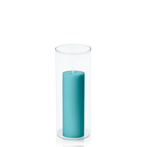 Teal 5cm x 15cm Pillar in 8cm x 20cm Glass