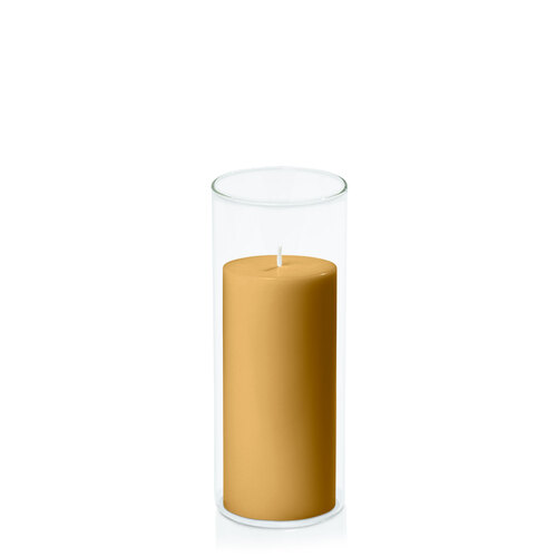 Mustard 7cm x 15cm Pillar in 8cm x 20cm Glass