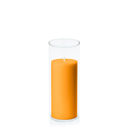 Orange 7cm x 15cm Pillar in 8cm x 20cm Glass
