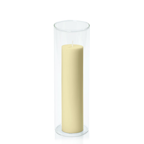 Buttercream 5cm x 20cm Pillar in 8cm x 25cm Glass