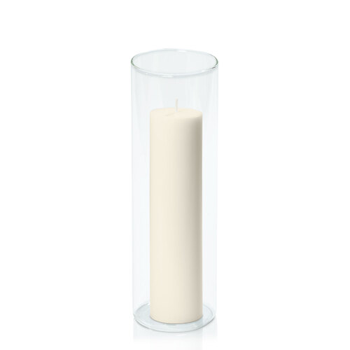 Ivory 5cm x 20cm Pillar in 8cm x 25cm Glass
