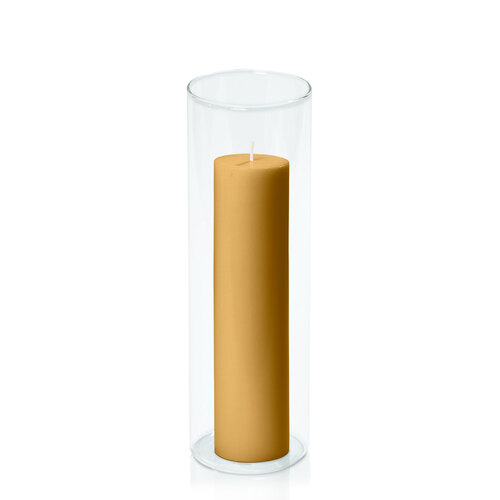 Mustard 5cm x 20cm Pillar in 8cm x 25cm Glass