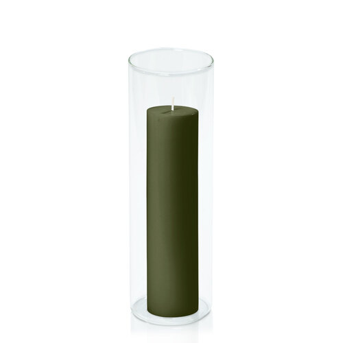 Olive 5cm x 20cm Pillar in 8cm x 25cm Glass