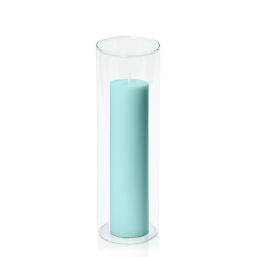 Pastel Teal 5cm x 20cm Pillar in 8cm x 25cm Glass