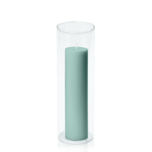 Sage Green 5cm x 20cm Pillar in 8cm x 25cm Glass