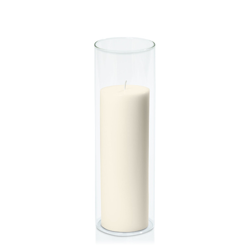 Ivory 7cm x 20cm Pillar in 8cm x 25cm Glass