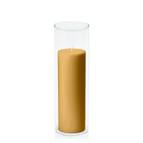 Mustard 7cm x 20cm Pillar in 8cm x 25cm Glass