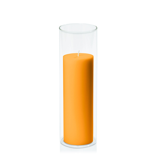 Orange 7cm x 20cm Pillar in 8cm x 25cm Glass