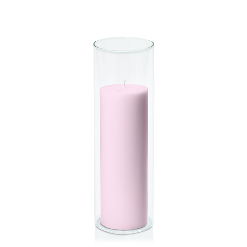 Pastel Pink 7cm x 20cm Pillar in 8cm x 25cm Glass