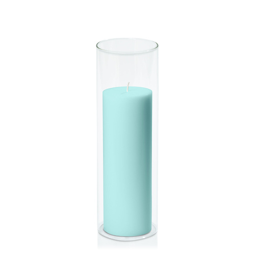 Pastel Teal 7cm x 20cm Pillar in 8cm x 25cm Glass