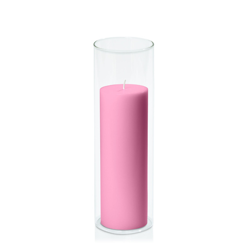 Rose Pink 7cm x 20cm Pillar in 8cm x 25cm Glass