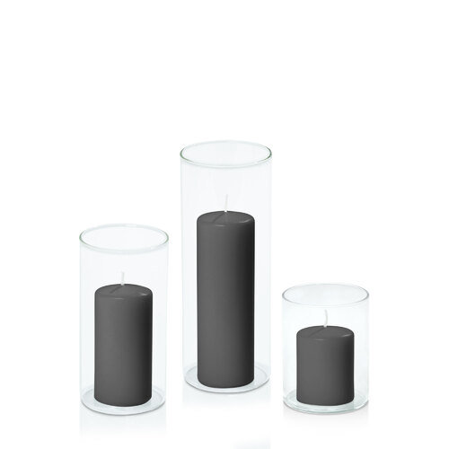 Black 5cm Event Pillar in 8cm Glass Set - Sm