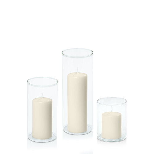 Ivory 5cm Event Pillar in 8cm Glass Set - Sm