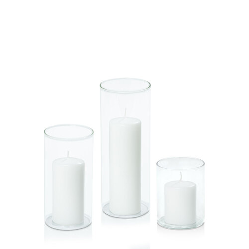 White 5cm Event Pillar in 8cm Glass Set - Sm