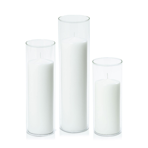 White 7cm Event Pillar in 8cm Glass Set - Lg