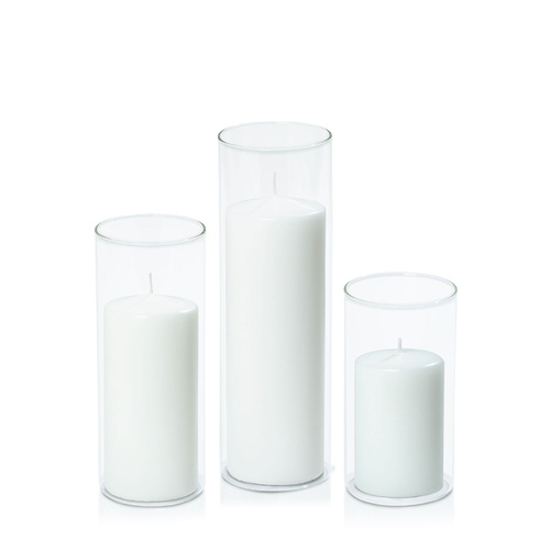 White 7cm Event Pillar in 8cm Glass Set - Med