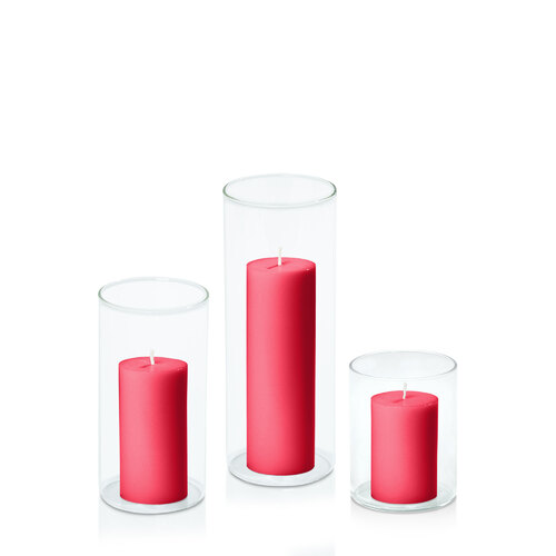 Carnival Red 5cm Pillar in 8cm Glass Set - Sm