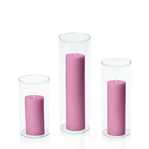Rose Pink 5cm Pillar in 8cm Glass Set - Med