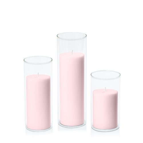Blush Pink 7cm Pillar in 8cm Glass Set - Med