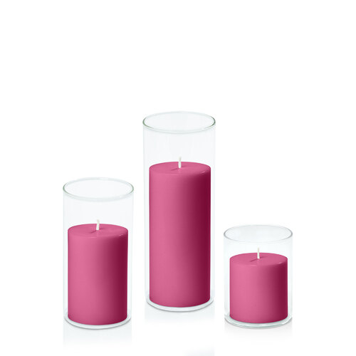 Magenta 7cm Pillar in 8cm Glass Set - Sm