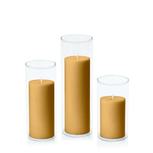Mustard 7cm Pillar in 8cm Glass Set - Med